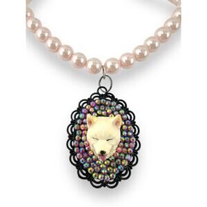 Shiba Inu Pink Faux Rhinestones Oval Victorian Glass Pearl OOAK Necklace 16”